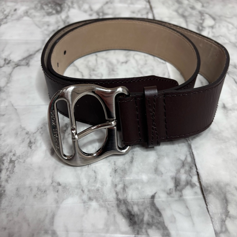 Micheal Micheal Kors Genuine Leather Belt Silver Buckle Dark brown size large